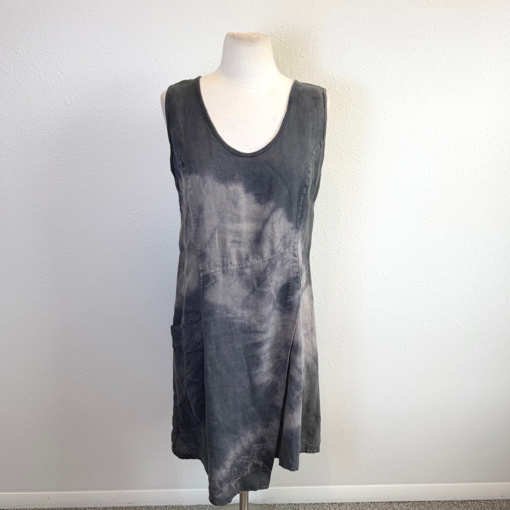 INIZIO Gray Linen Tie Dye Asymmetric Dress Womens Large Boho Grunge Hippie